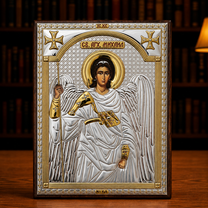 LAR Echtsilber Ikone Arhangel Mihailo klassisch in Silber und Gold im Holzrahmen