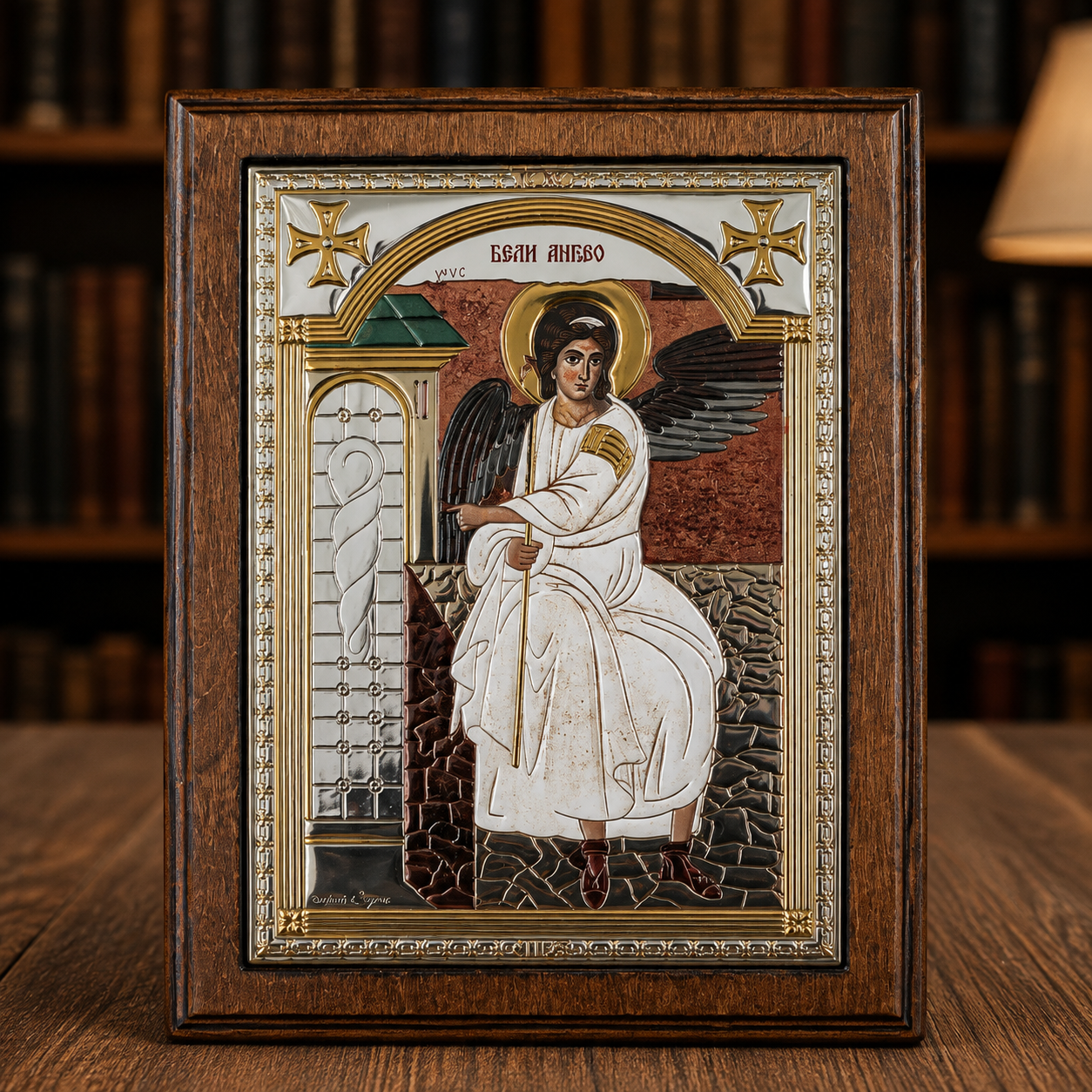 LAR Echtsilber Ikone Beli Anđeo koloriert mit Gold und Silber