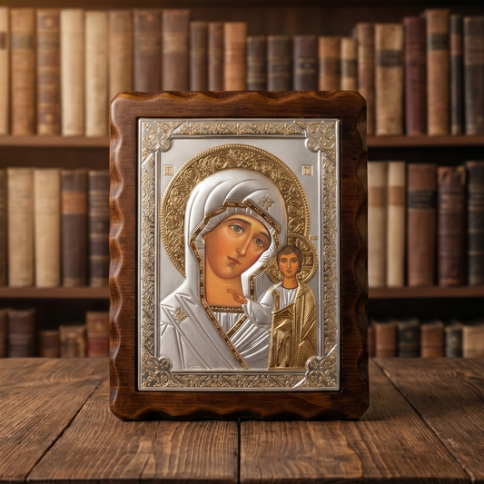 Serbisch-orthodoxe LAR Echtsilber Ikone der Gottesmutter von Kasan (Bogorodica Kazan) in klassischer Ausführung mit Holzrahmen.