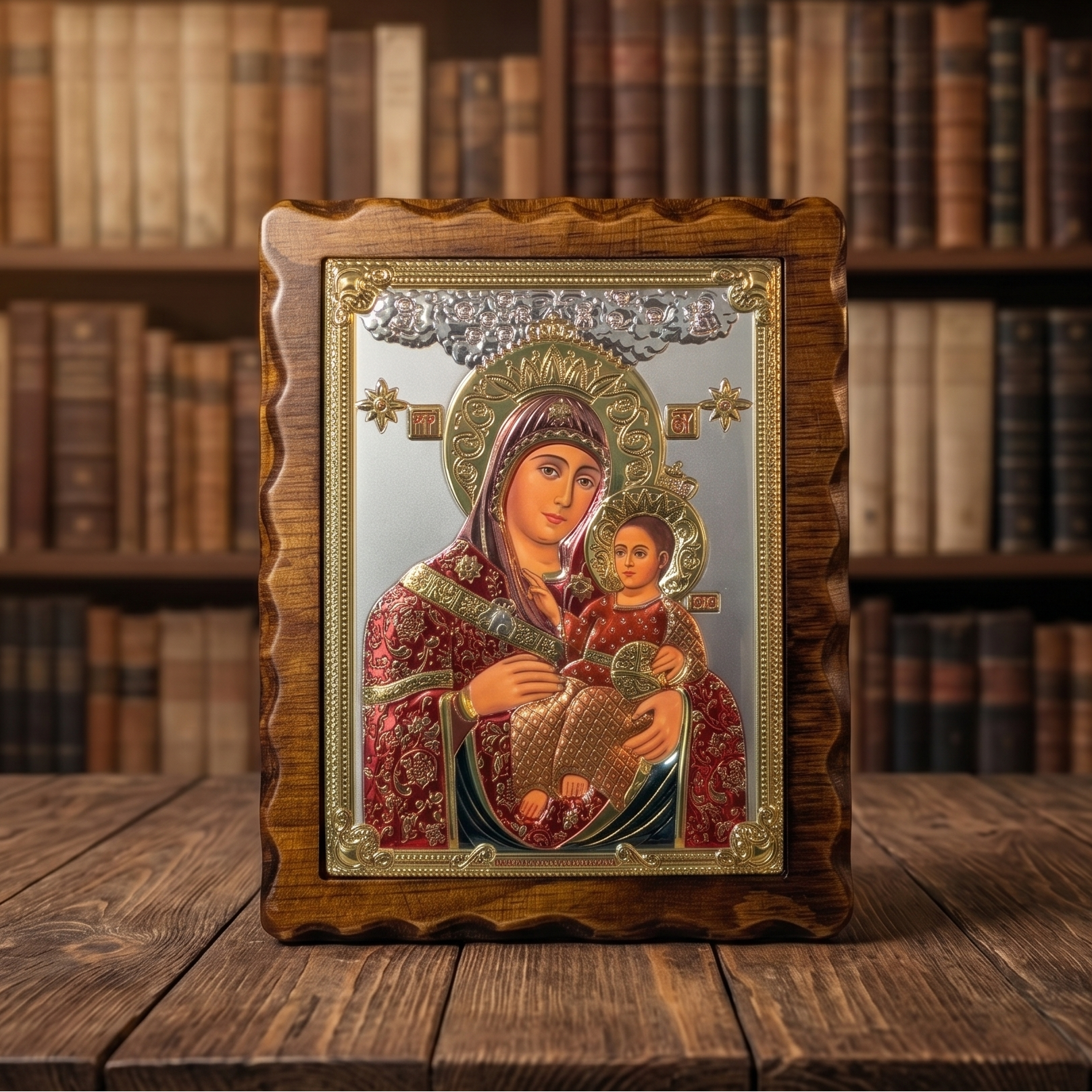 Serbisch-orthodoxe LAR Echtsilber Ikone der Gottesmutter von Bethlehem (Bogorodica Vitlejemska) in kolorierter Ausführung mit hochwertigem Holzrahmen.