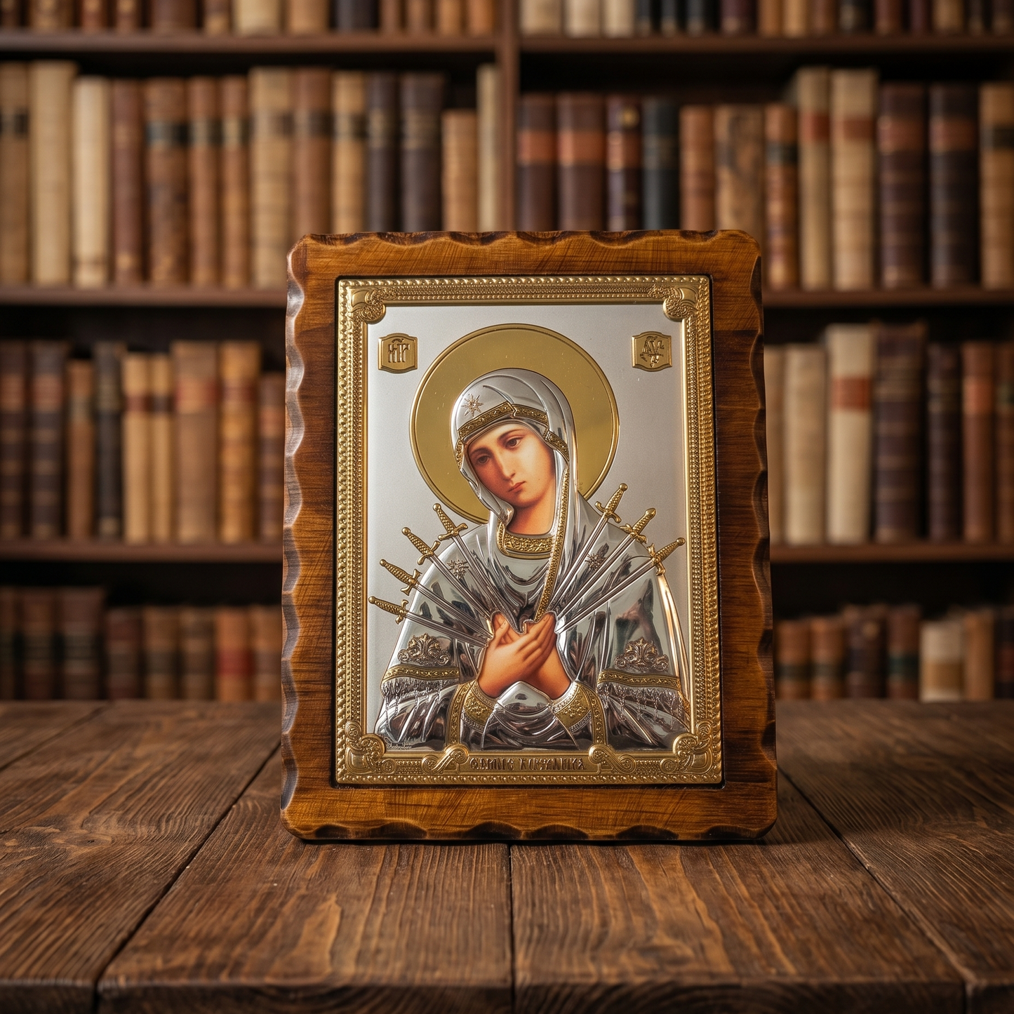 Serbisch-orthodoxe LAR Echtsilber Ikone Omekšanje Zlih Srca in klassischer Ausführung mit hochwertigem Holzrahmen.