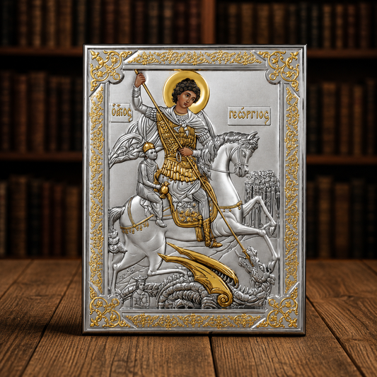 LAR Echtsilber Ikone Sveti Georgije in Gold und Silber 13 x 18 cm