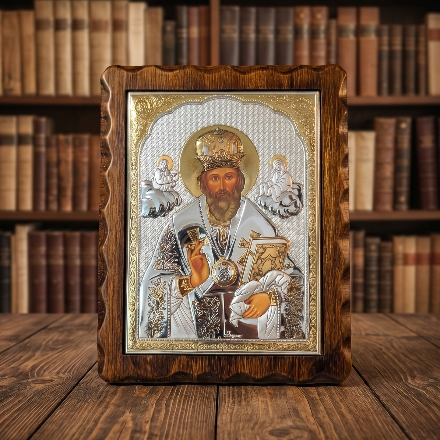 Serbisch-orthodoxe LAR Echtsilber Ikone des Heiligen Nikolaus (Sveti Nikola) in klassischer Ausführung mit hochwertigem Holzrahmen.
