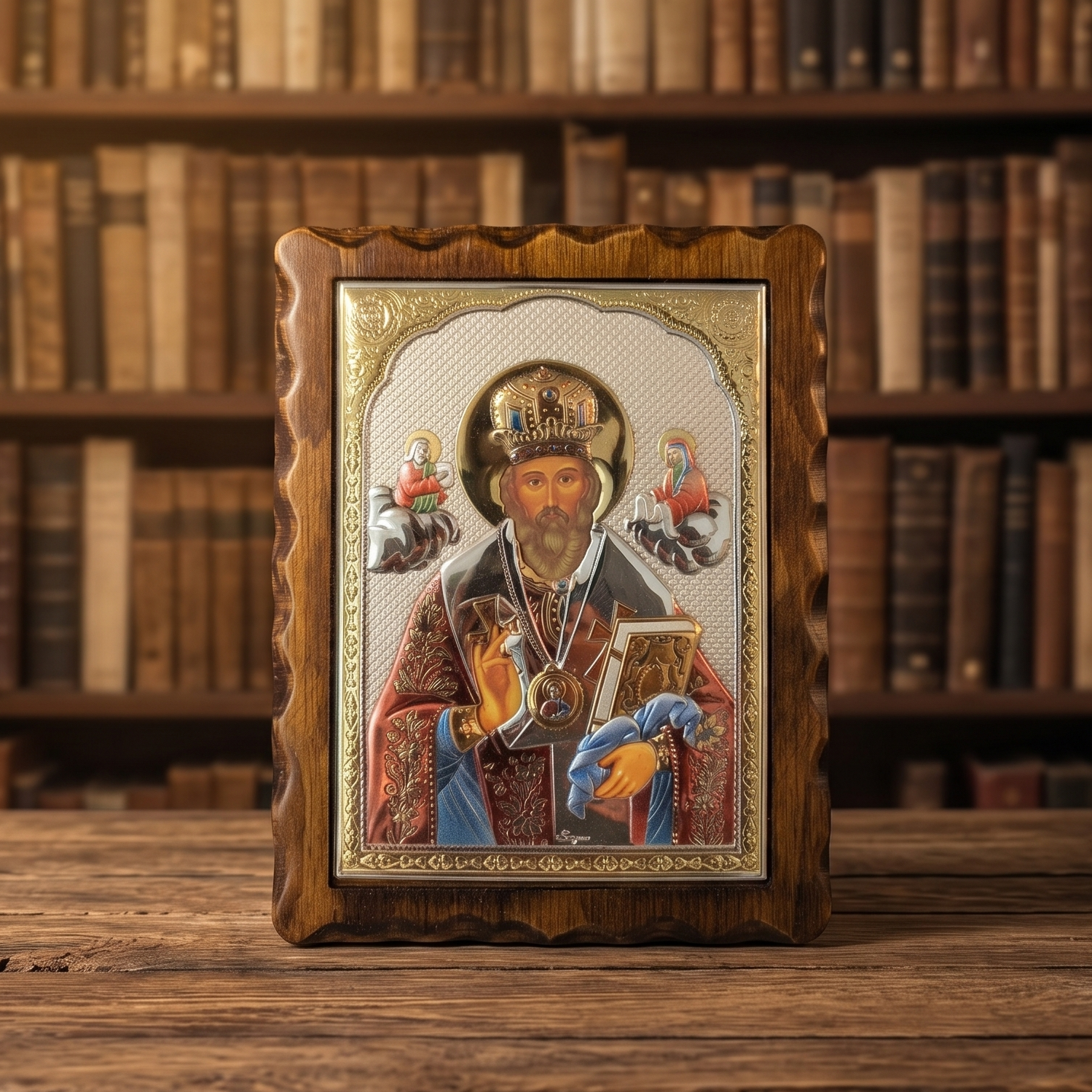 Serbisch-orthodoxe LAR Echtsilber Ikone des Heiligen Nikolaus (Sveti Nikola) in kolorierter Ausführung mit hochwertigem Holzrahmen.
