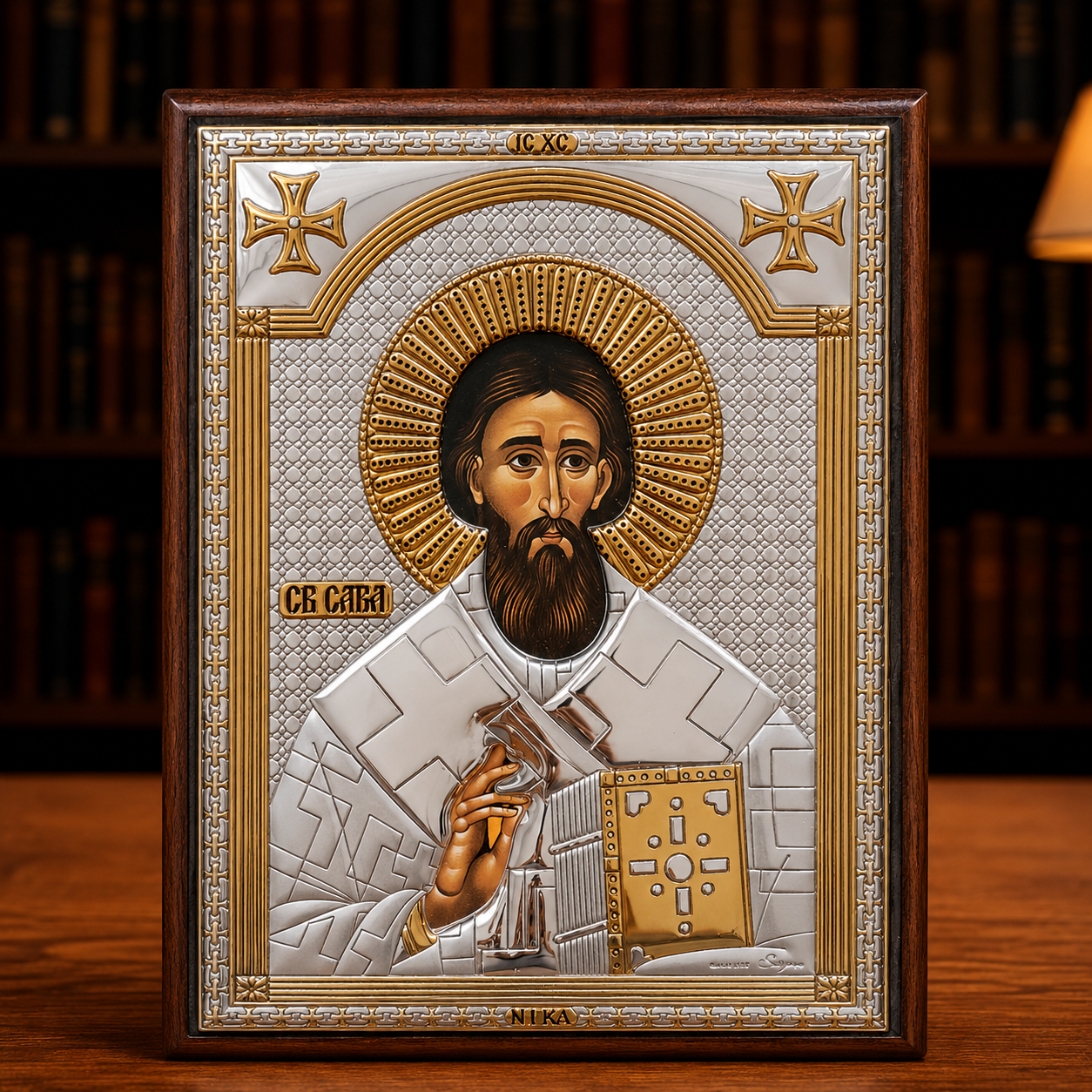 LAR Echtsilber Ikone Sveti Sava klassisch in Silber und Gold im Holzrahmen