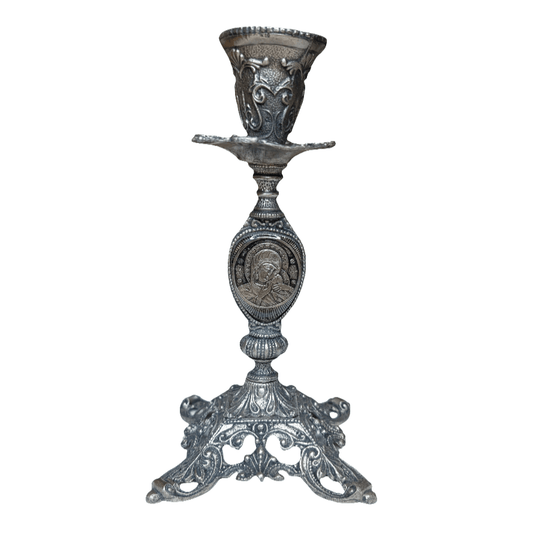 Metallkerzenhalter – Farbe Alt - Silber mit Ikone & Kreuz (19 × 12,5 cm) - svetazvezda