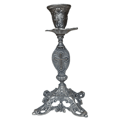 Metallkerzenhalter – Farbe Alt - Silber mit Ikone & Kreuz (19 × 12,5 cm) - svetazvezda