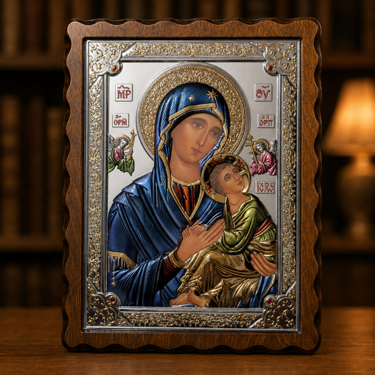 Kolorierte orthodoxe Ikone der Gottesmutter der immerwährenden Hilfe mit Jesuskind im Holzrahmen