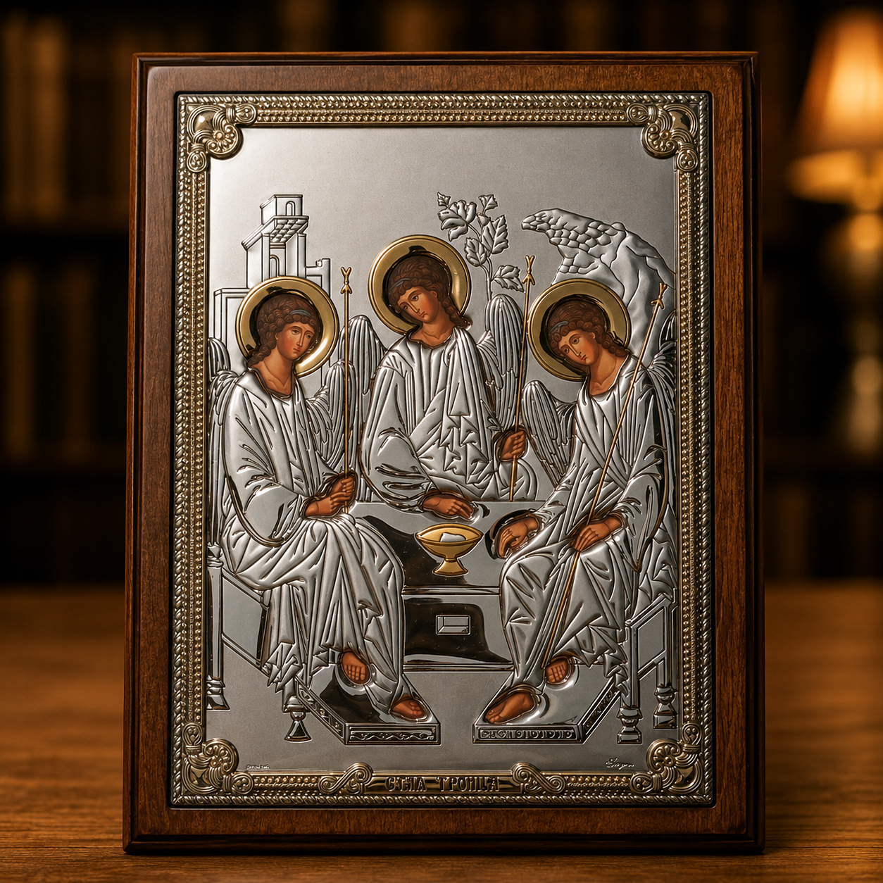 Klassische orthodoxe Ikone der Heiligen Dreifaltigkeit mit drei Engeln im Holzrahmen