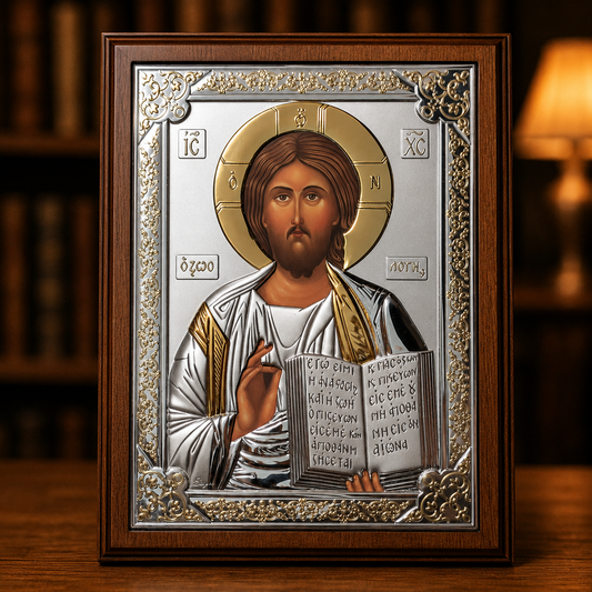 Klassische orthodoxe Ikone Jesus Christus Pantokrator mit Segensgeste und Evangelienbuch im Holzrahmen
