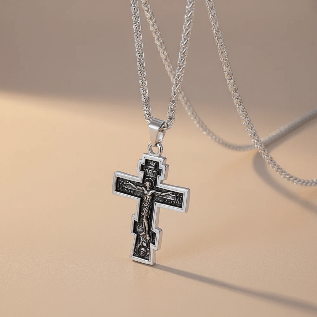 Orthodoxe Kreuzkette aus Edelstahl – in Schwarz, Gold oder Silber (50 cm) - svetazvezda