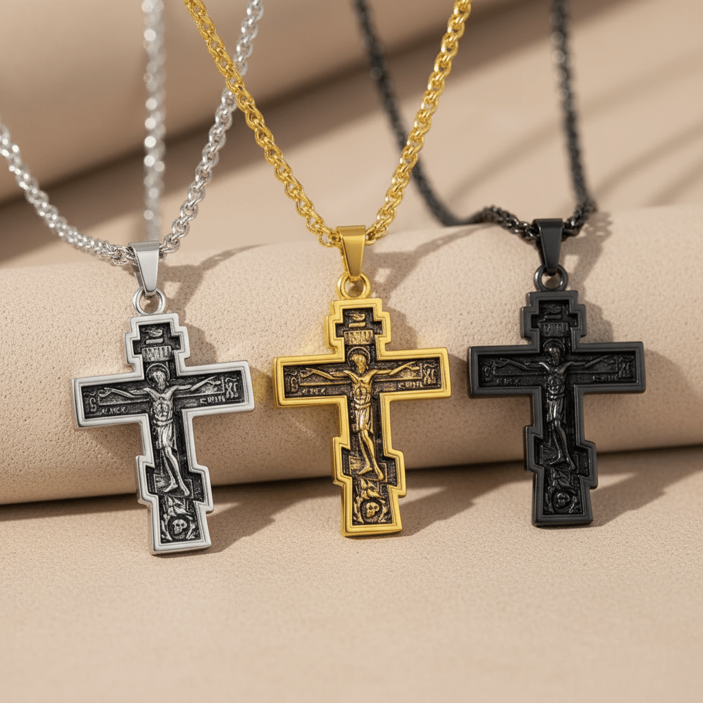 Orthodoxe Kreuzkette aus Edelstahl – in Schwarz, Gold oder Silber (50 cm) - svetazvezda