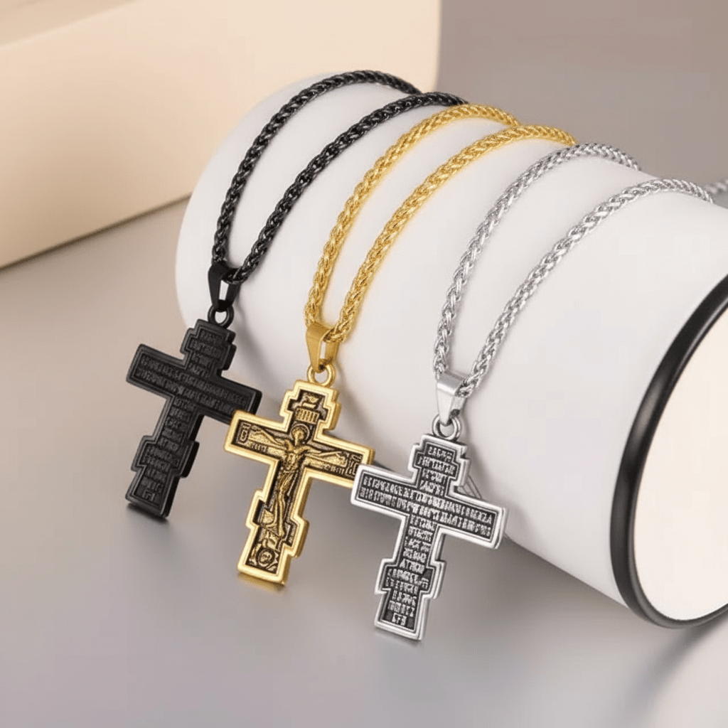 Orthodoxe Kreuzkette aus Edelstahl – in Schwarz, Gold oder Silber (50 cm) - svetazvezda