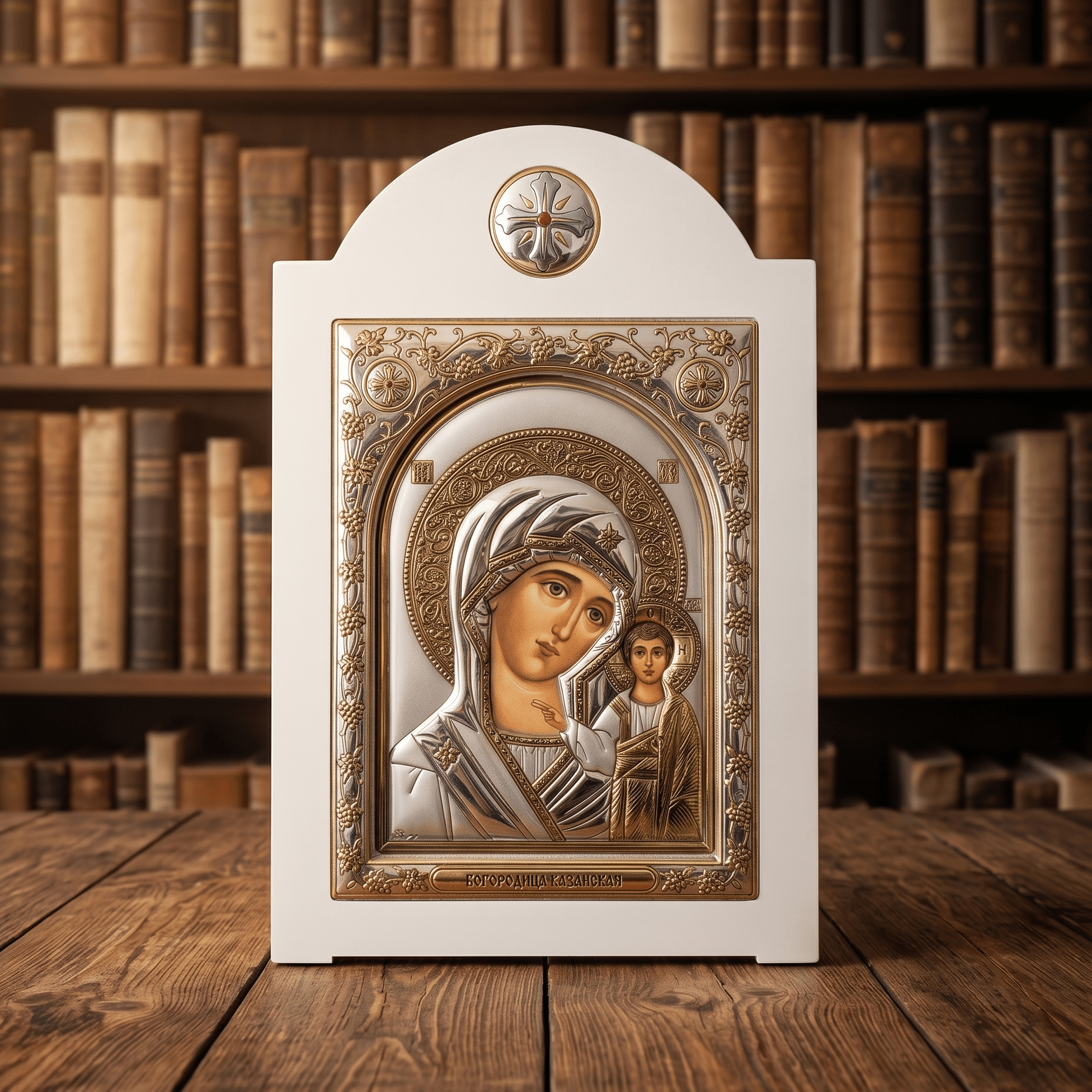 Presveta Bogorodica Kazanska – LAR Ikone mit Glas und weißem Holzrahmen / 17 × 26 cm - svetazvezda