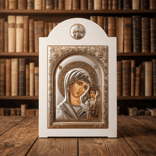 Presveta Bogorodica Kazanska – LAR Ikone mit Glas und weißem Holzrahmen / 17 × 26 cm - svetazvezda