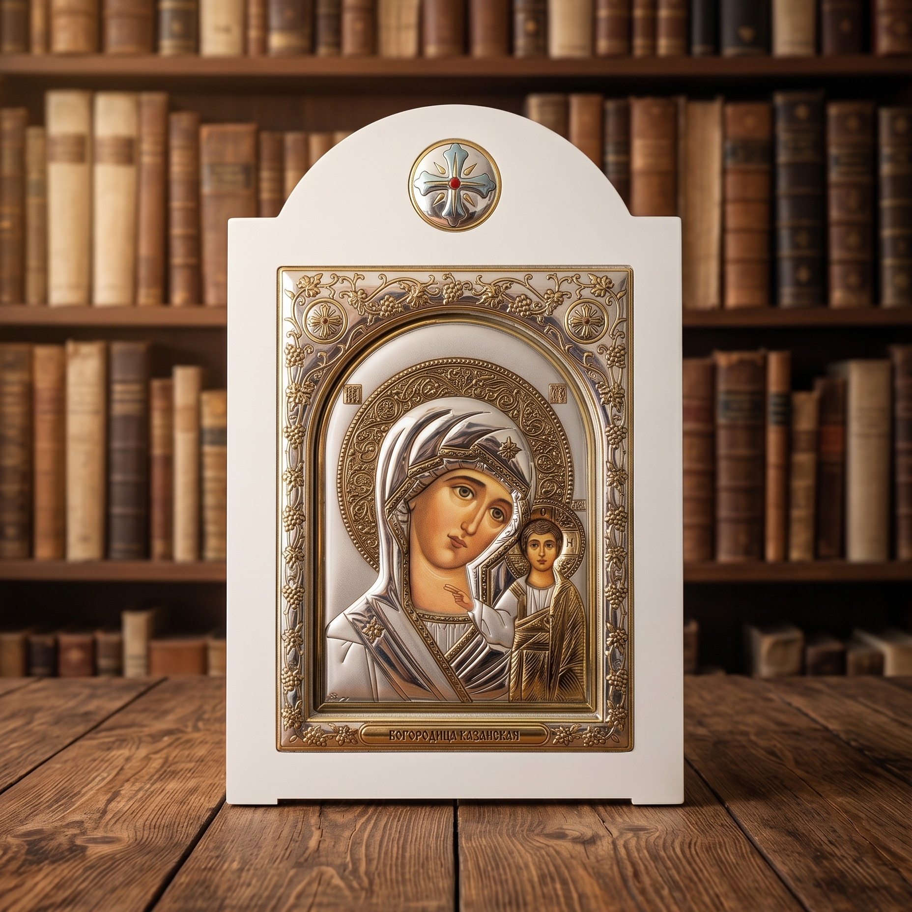 Presveta Bogorodica Kazanska Ikone mit Glas und weißem Holzrahmen aus der LAR Kollektion