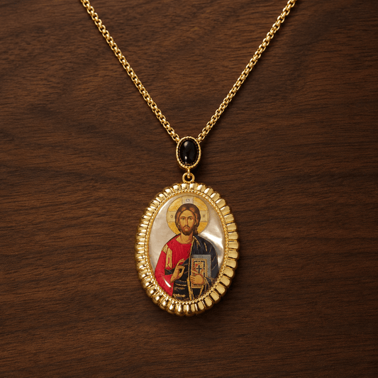 Serbisch-orthodoxe Halskette mit Heiligenmedaillon aus Perlmutt - svetazvezda