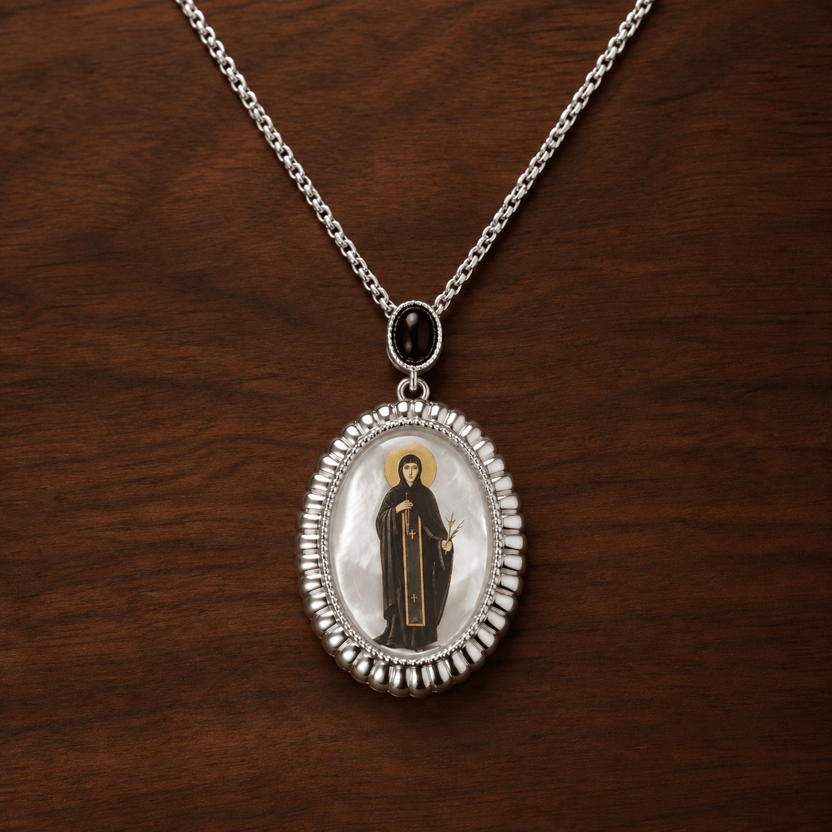 Serbisch-orthodoxe Halskette mit Heiligenmedaillon aus Perlmutt - svetazvezda