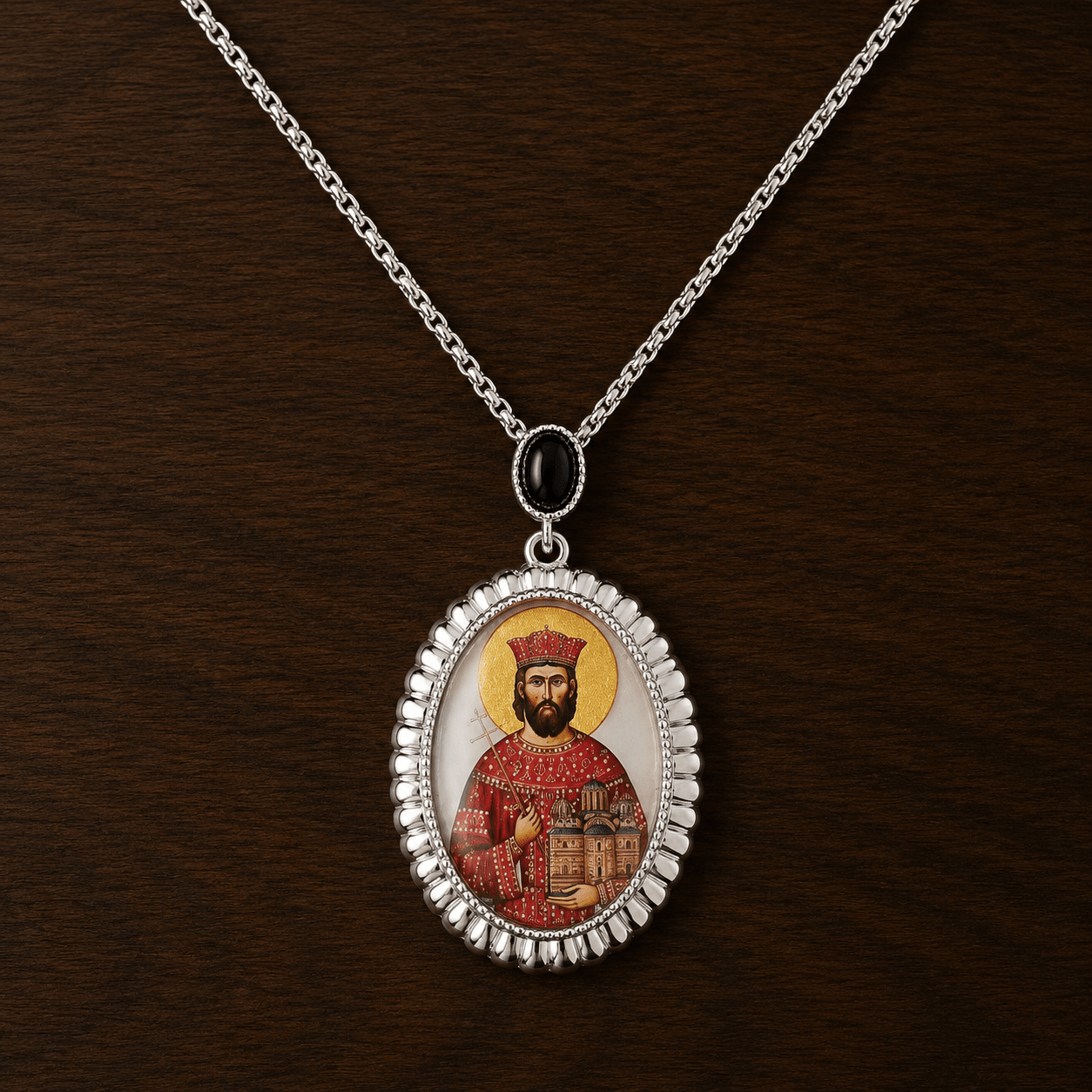 Serbisch-orthodoxe Halskette mit Heiligenmedaillon aus Perlmutt - svetazvezda