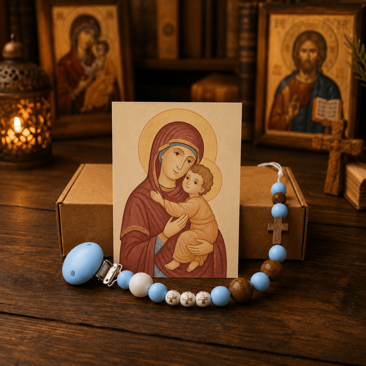 Serbisch-orthodoxe Schnullerkette aus Silikon & Holz mit Ikone - svetazvezda
