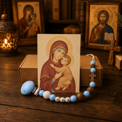 Serbisch-orthodoxe Schnullerkette aus Silikon & Holz mit Ikone - svetazvezda