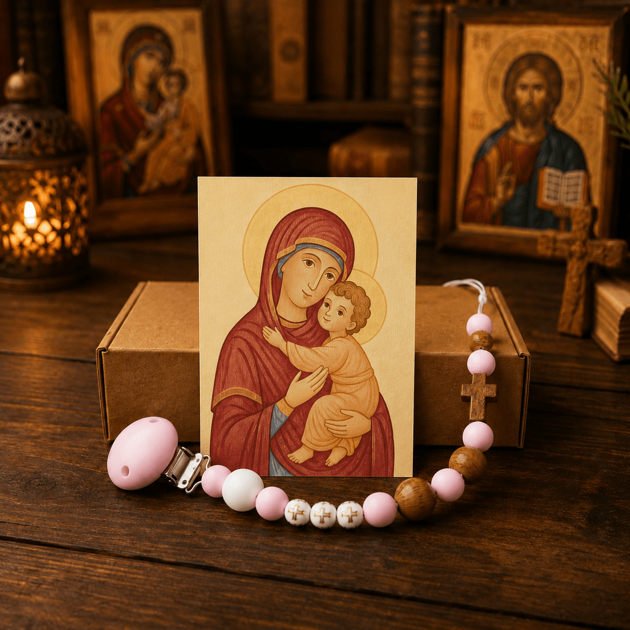 Serbisch-orthodoxe Schnullerkette aus Silikon & Holz mit Ikone - svetazvezda