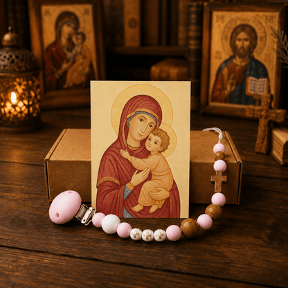 Serbisch-orthodoxe Schnullerkette aus Silikon & Holz mit Ikone - svetazvezda