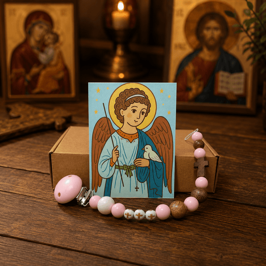 Serbisch-orthodoxe Schnullerkette aus Silikon & Holz mit Ikone - svetazvezda
