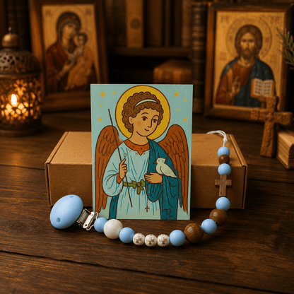 Serbisch-orthodoxe Schnullerkette aus Silikon & Holz mit Ikone - svetazvezda