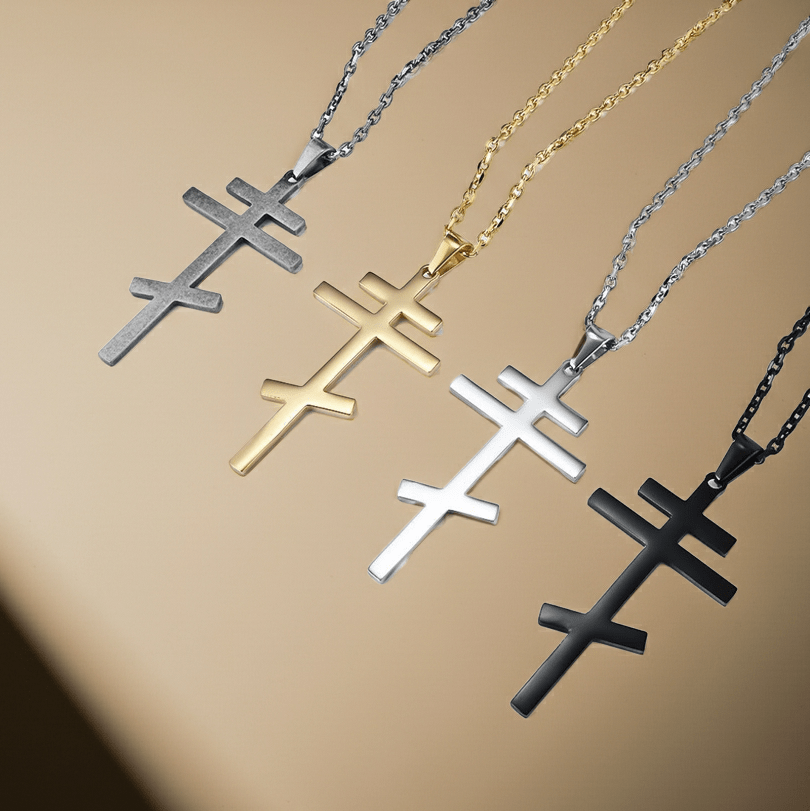 Serbisch - orthodoxes Kreuz mit Edelstahlkette (Silber, Gold, Schwarz oder Grau) - svetazvezda