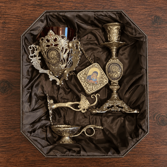 Slavski set – 4-teiliges Set in dekorativer Box (Kandilo, Kadionica, Svećnjak, Kutija za tamjan) - svetazvezda