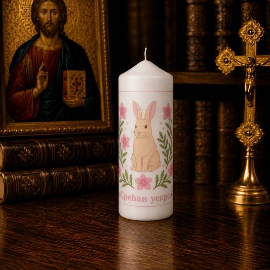 Srećan Uskrs – Serbisch-orthodoxe Osterkerze mit Hasenmotiv - svetazvezda