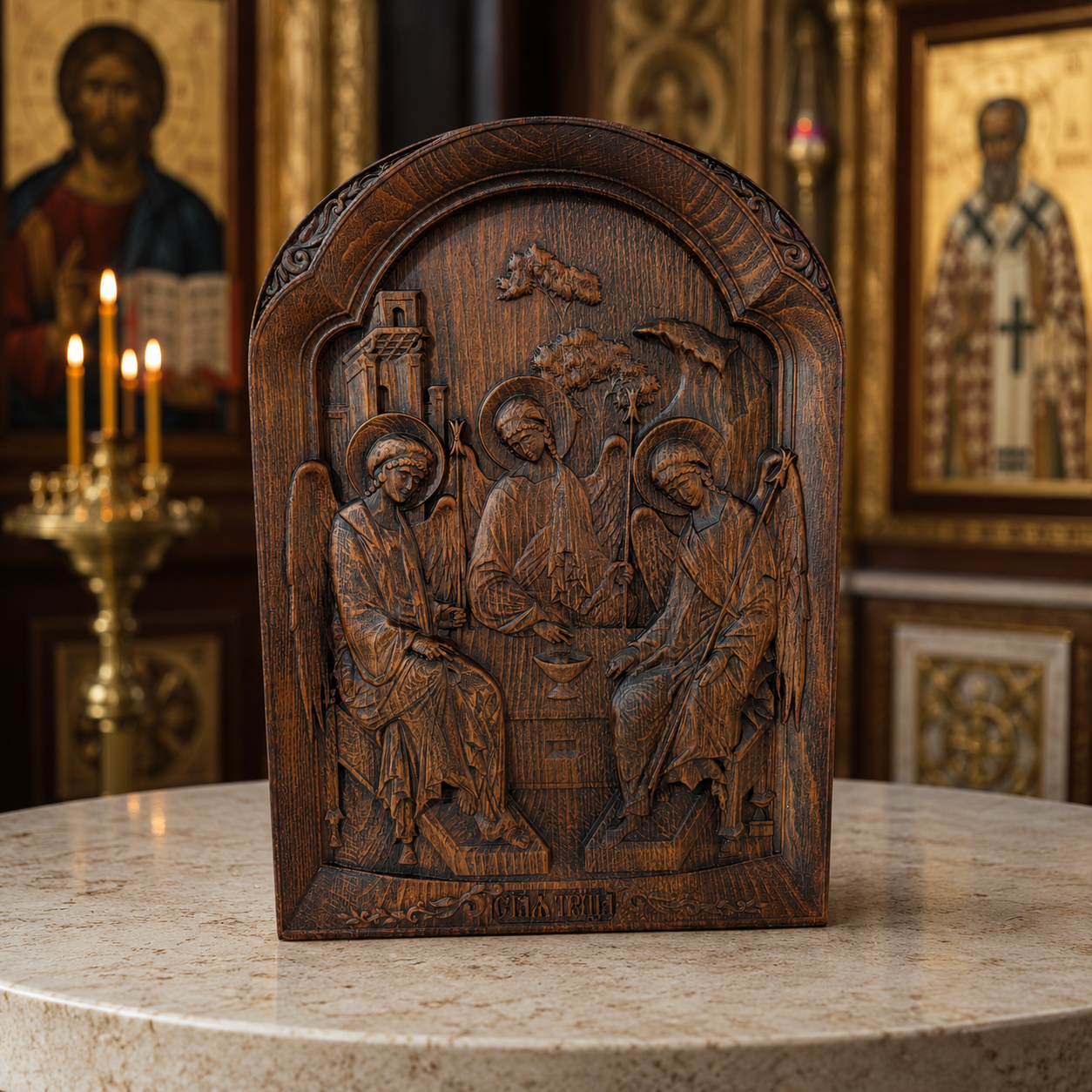 Orthodoxe Ikone Sveta Trojica aus handgefertigtem Buchenholz in Naturholz-Ausführung