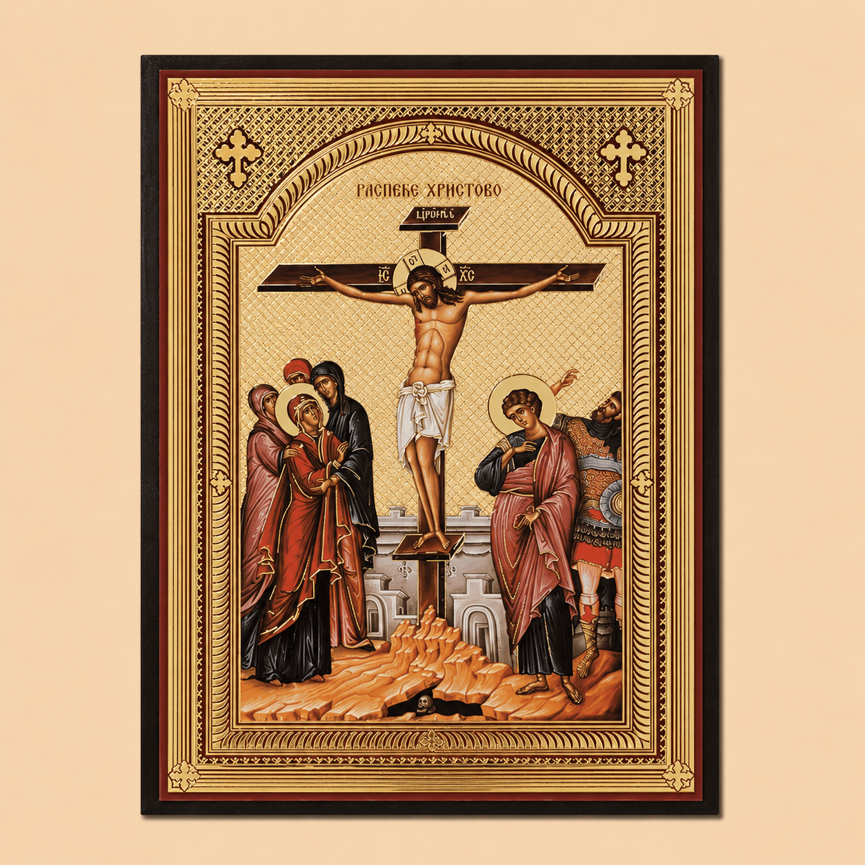 Serbisch-orthodoxe Ikone Raspeće Hristovo mit Darstellung der Kreuzigung Christi und Zlatotisak-Golddruck