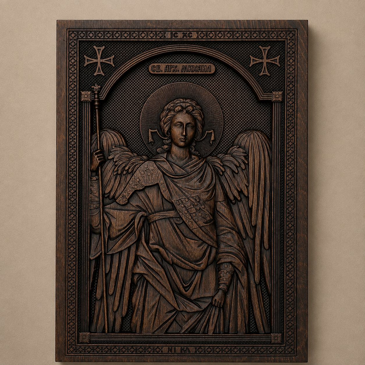 Holzikone Sveti Aranđel Mihailo aus dunklem Naturholz, 35 × 25 cm, serbisch-orthodoxe Ikone