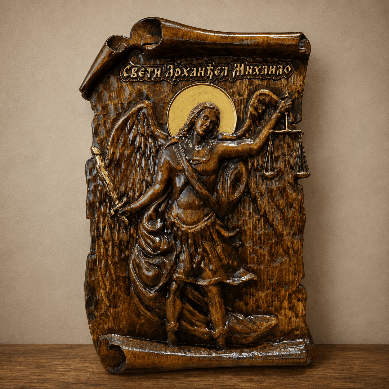 Sveti Arhangel Mihailo – Handgefertigte orthodoxe Holzikone 38,5 × 25 cm - svetazvezda