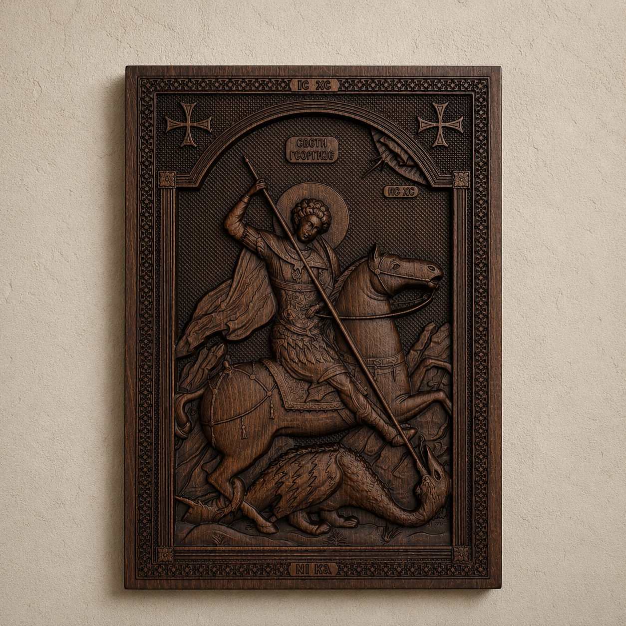 Holzikone Sveti Georgije aus dunklem Naturholz, 35 × 25 cm, serbisch-orthodoxe Ikone