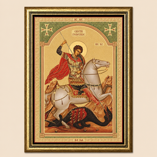 Ikone des Heiligen Georg (Sveti Georgije) auf dem Pferd im goldfarbenen Rahmen, 37 × 27 cm.