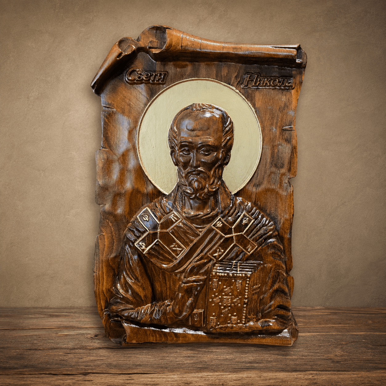 Sveti Nikola – Handgefertigte orthodoxe Holzikone 38,5 × 25 cm - svetazvezda