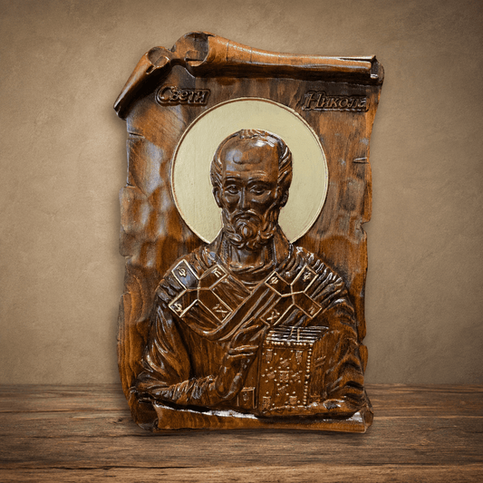Sveti Nikola – Handgefertigte orthodoxe Holzikone 38,5 × 25 cm - svetazvezda