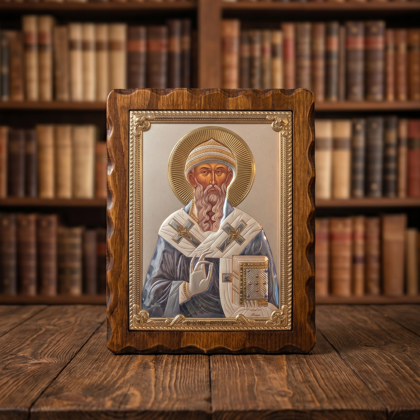 Sveti Spiridon LAR Echtsilber Ikone 17 × 21,5 cm mit 999° Reinesilber.