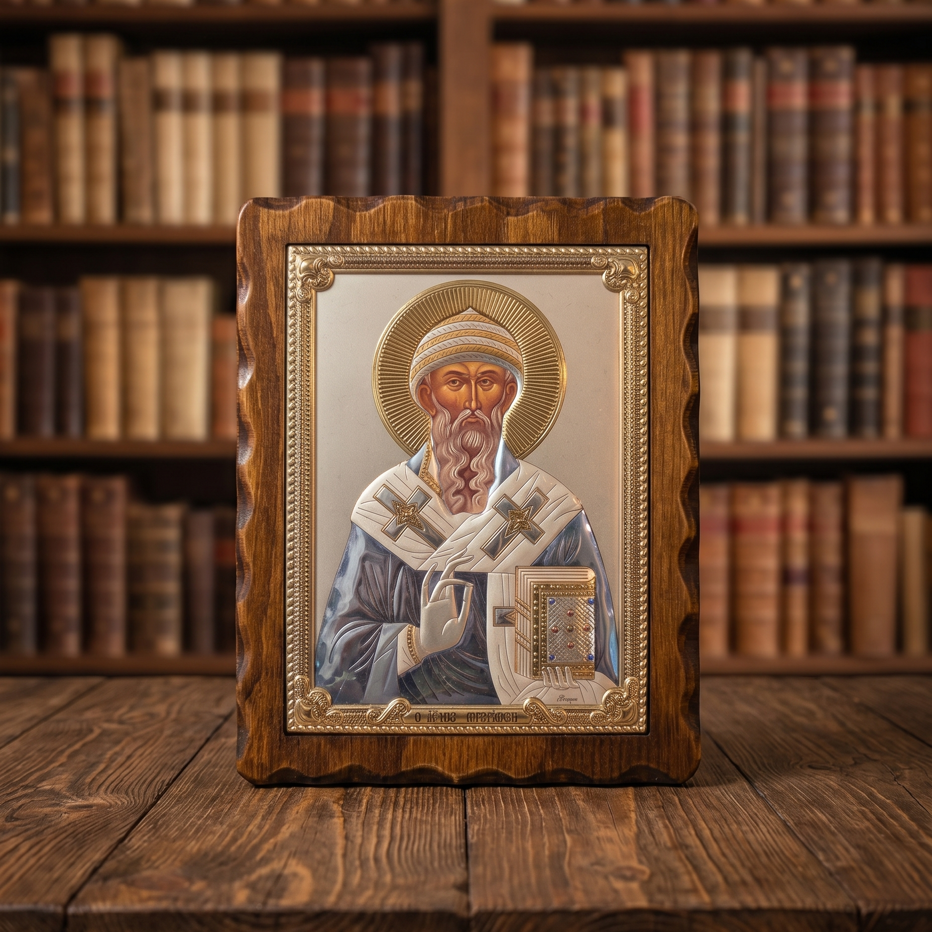 Sveti Spiridon LAR Echtsilber Ikone 17 × 21,5 cm mit 999° Reinesilber.