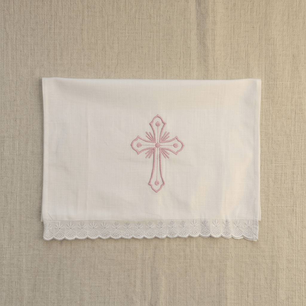 Serbisch-orthodoxes Tauftuch in Rosa und Weiß.