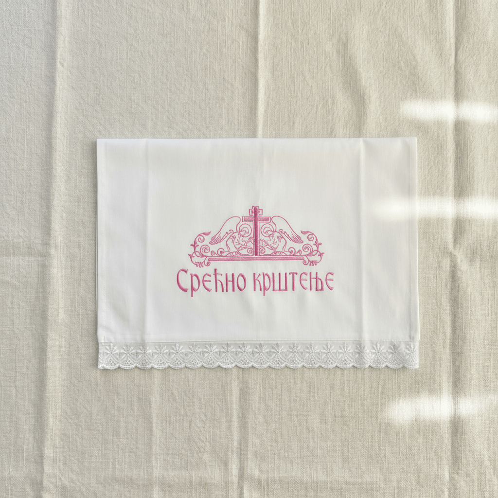 Serbisch-orthodoxes Tauftuch in Rosa und Weiß.